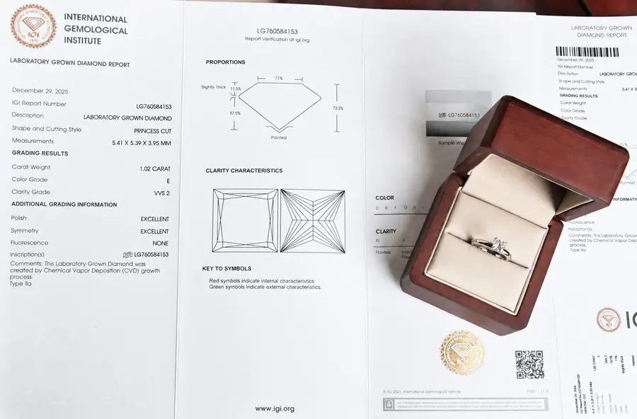 Certificado IGI de un diamante junto al anillo en su caja VESIET